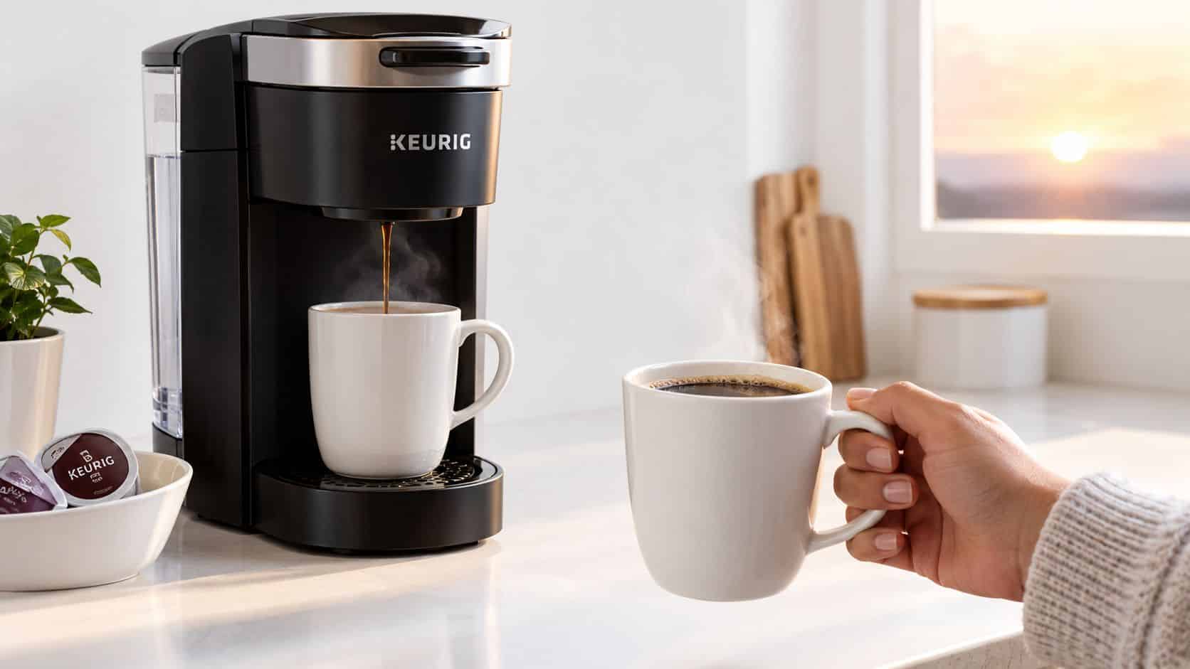 A Keurig coffee maker brewing coffee into a mug next to a hand holding a hot mug.