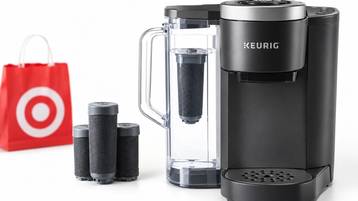 Black Keurig coffee maker with water filter and Target shopping bag