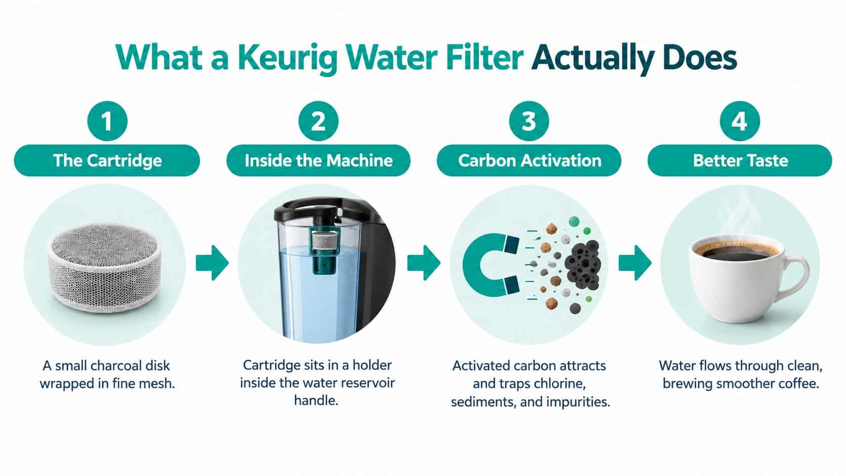 A four-step infographic explaining how a Keurig water filter cleans water for better tasting coffee.