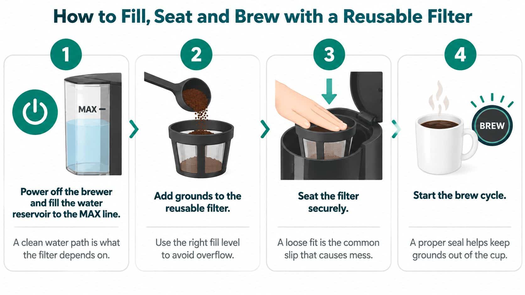 A four-step instruction graphic showing how to prepare and brew coffee using a reusable filter system.