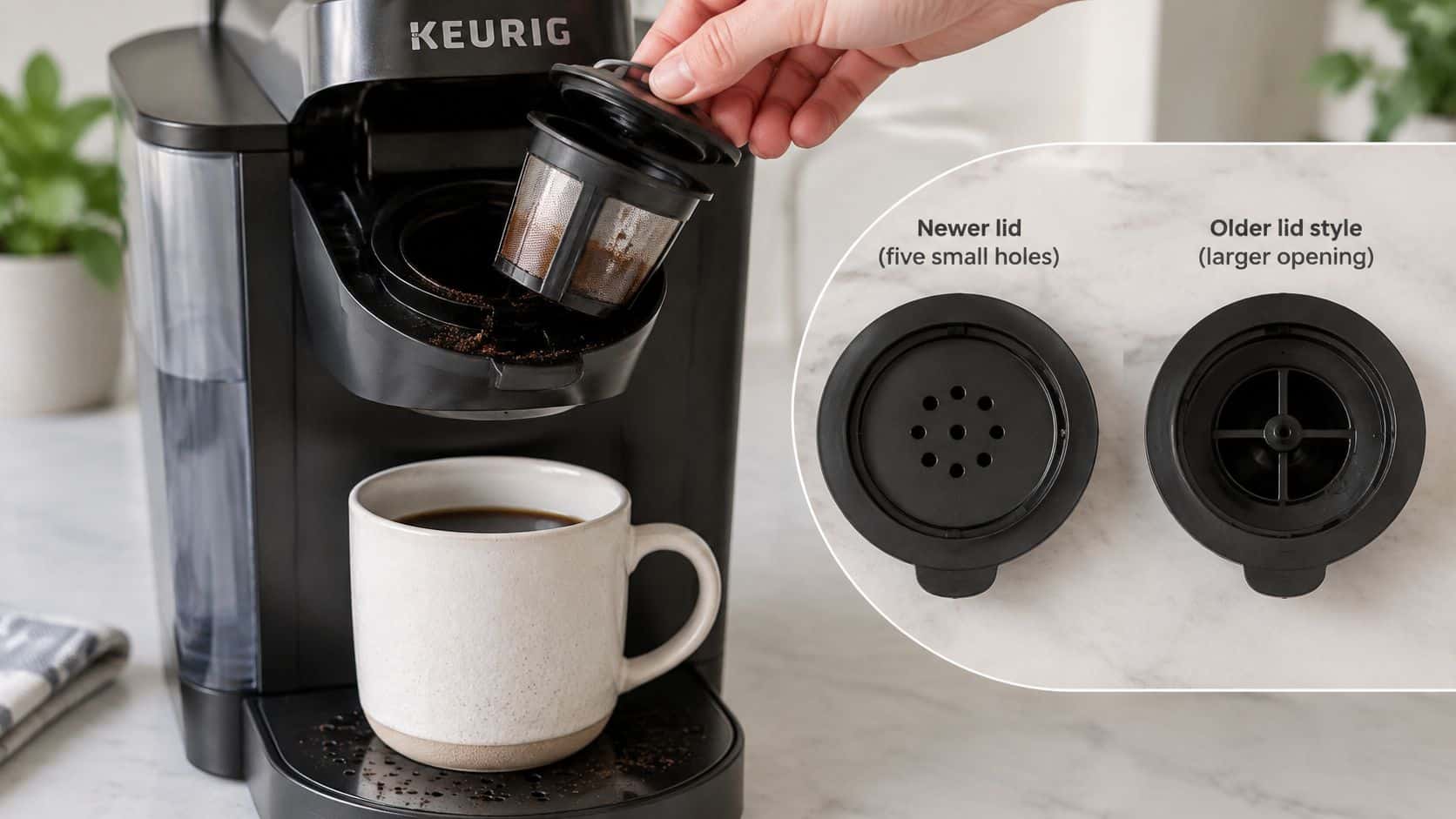 A hand holding a reusable Keurig coffee filter lid over a coffee maker next to a comparison diagram.