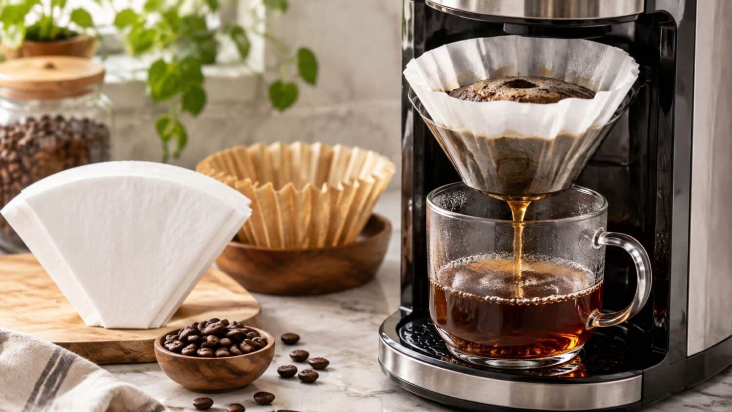 Drip coffee maker brewing fresh coffee into a glass mug, with filters and beans nearby.