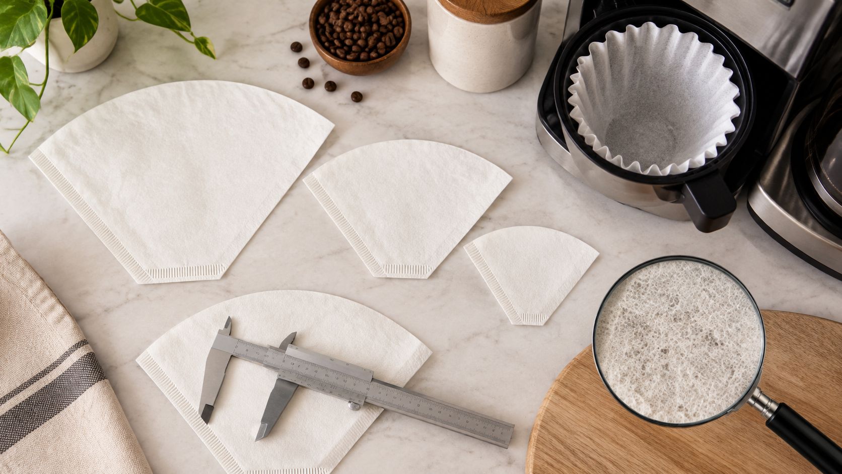 Various sizes of white paper coffee filters displayed on a marble countertop with measuring calipers and coffee.