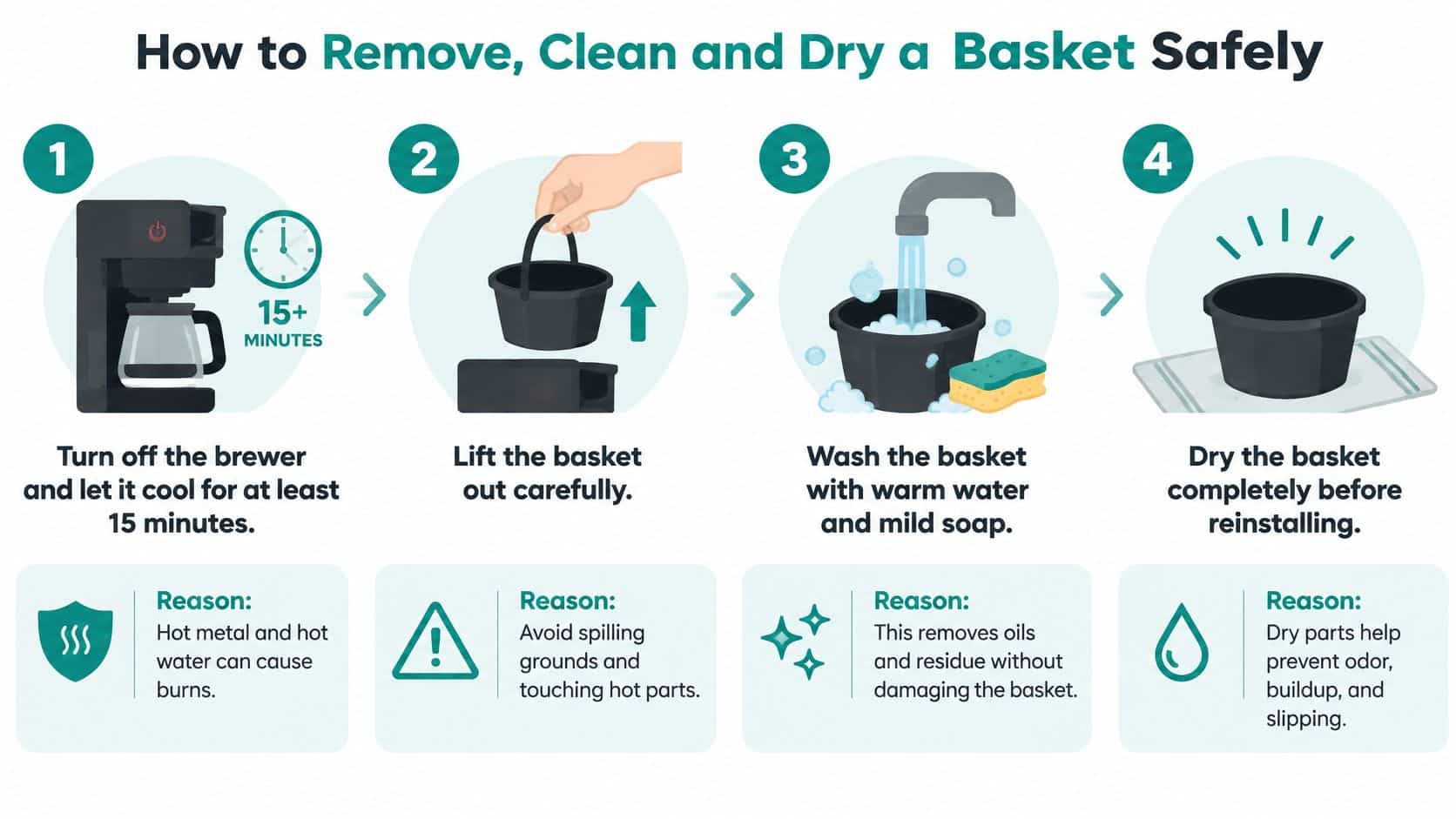 A four-step instructional infographic showing how to safely remove, wash, and dry a coffee maker basket.
