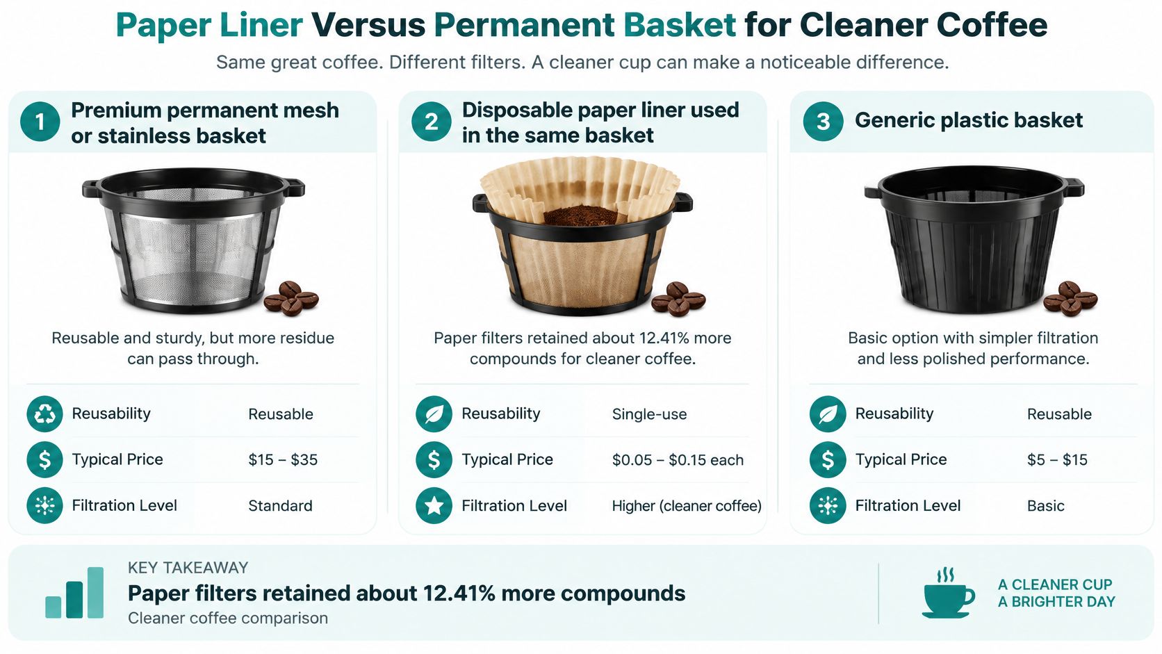 A comparative infographic showing the benefits of using paper filters versus reusable baskets for cleaner coffee brewing.