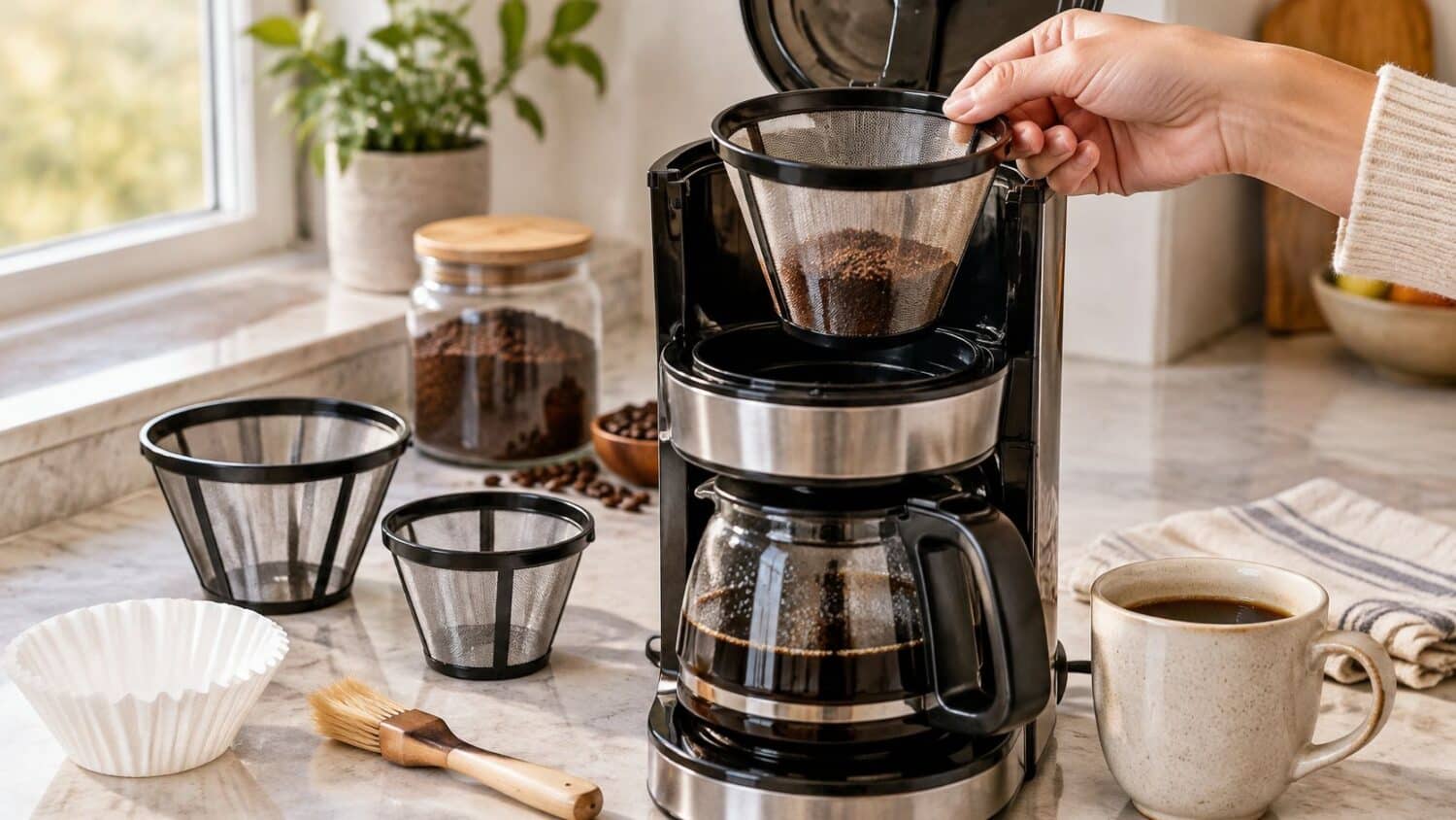 Hand placing coffee filter into drip coffee maker for home brewing
