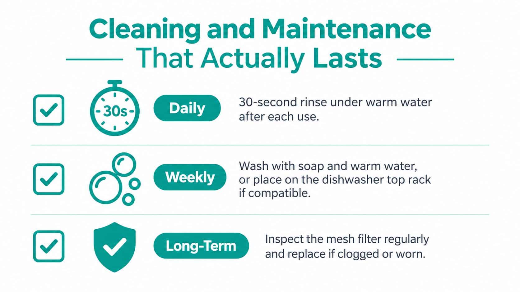 A maintenance guide outlining daily, weekly, and long-term cleaning instructions for a reusable coffee filter cup.