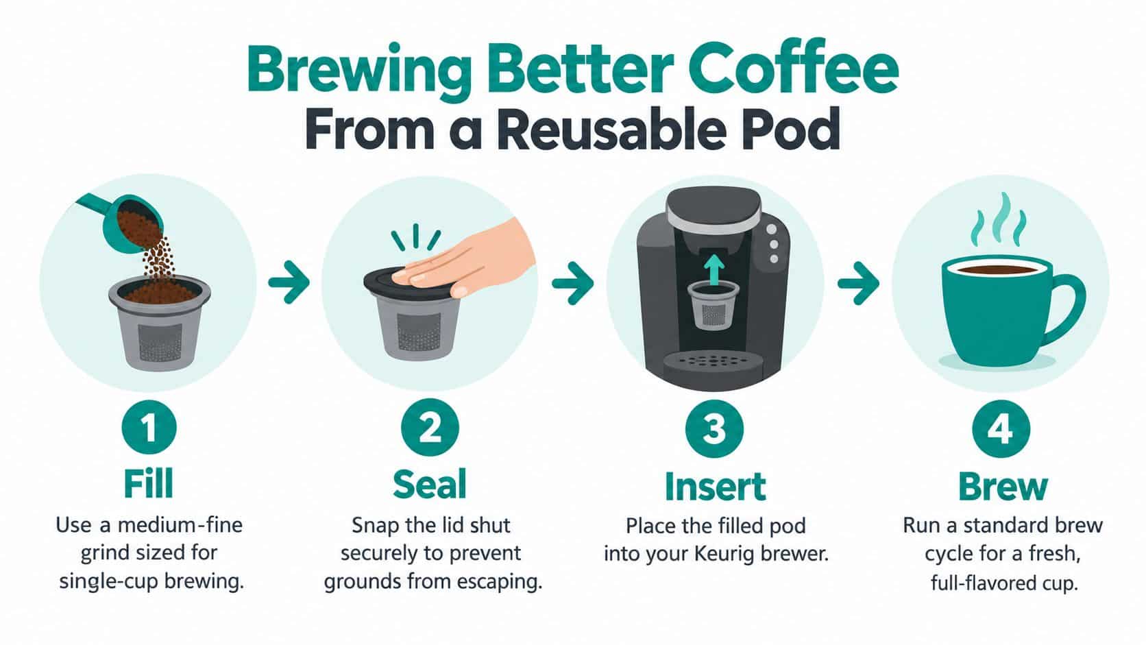 A four-step infographic illustrating how to use and brew coffee with a reusable Keurig pod.