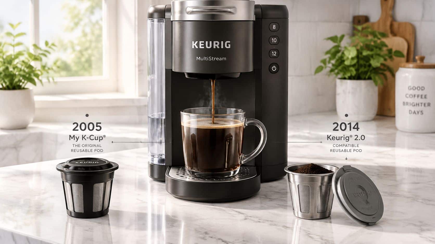 A Keurig MultiStream coffee maker brewing coffee into a glass cup with two reusable coffee pods displayed nearby.