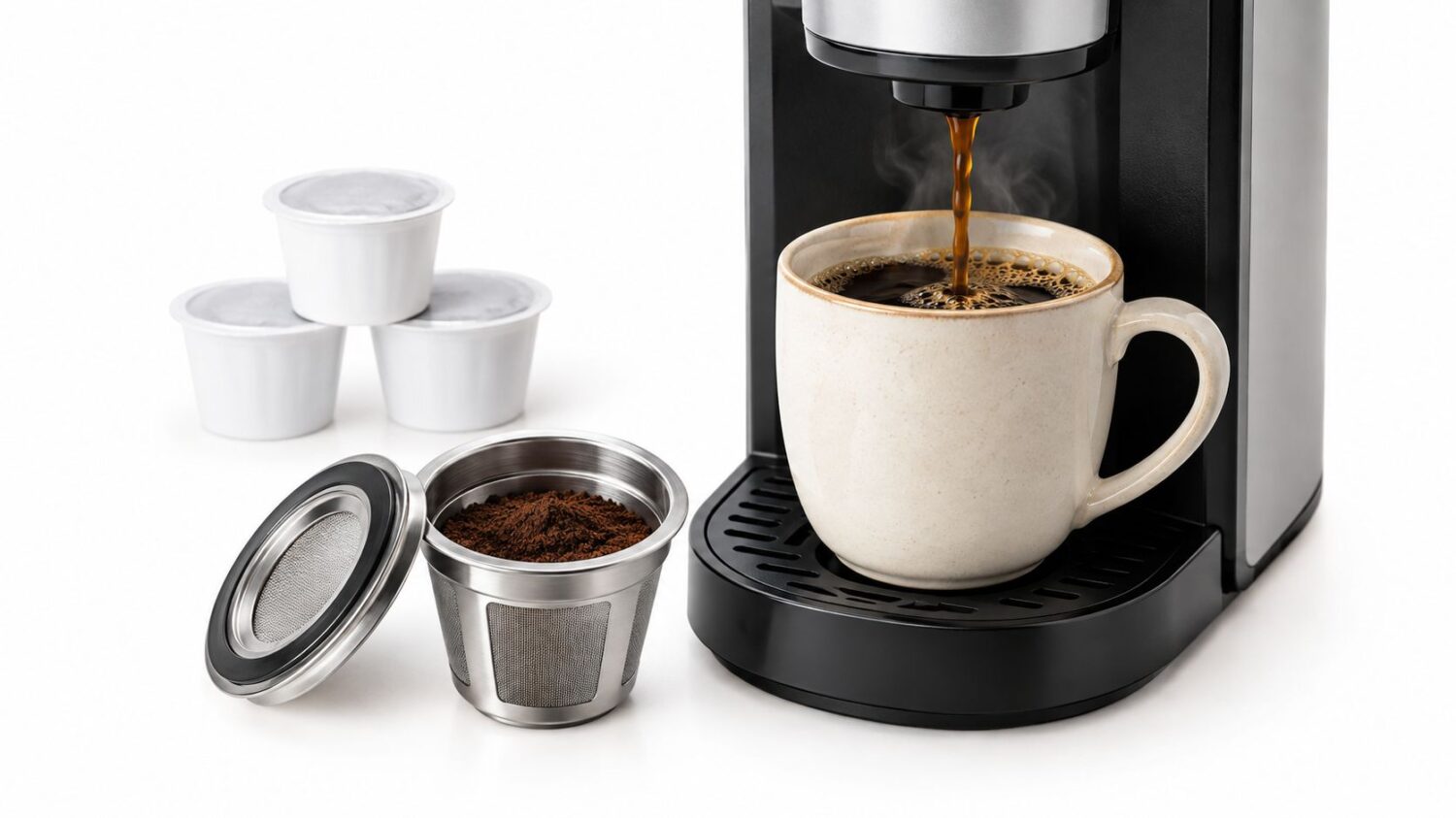 Single-serve coffee maker brewing hot coffee into a mug, with pods and reusable filter nearby.