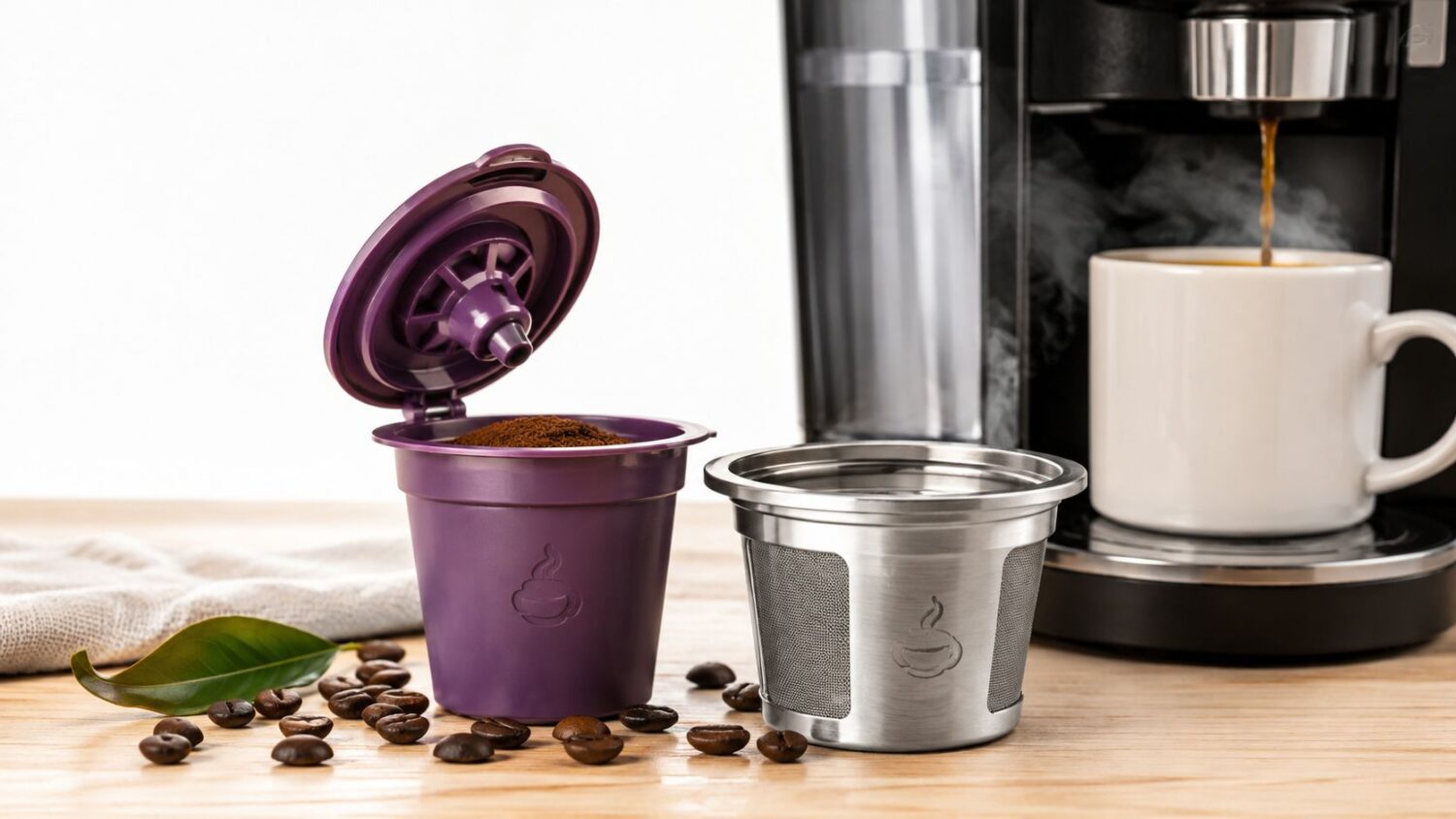 Reusable coffee pods next to a coffee maker brewing a cup.