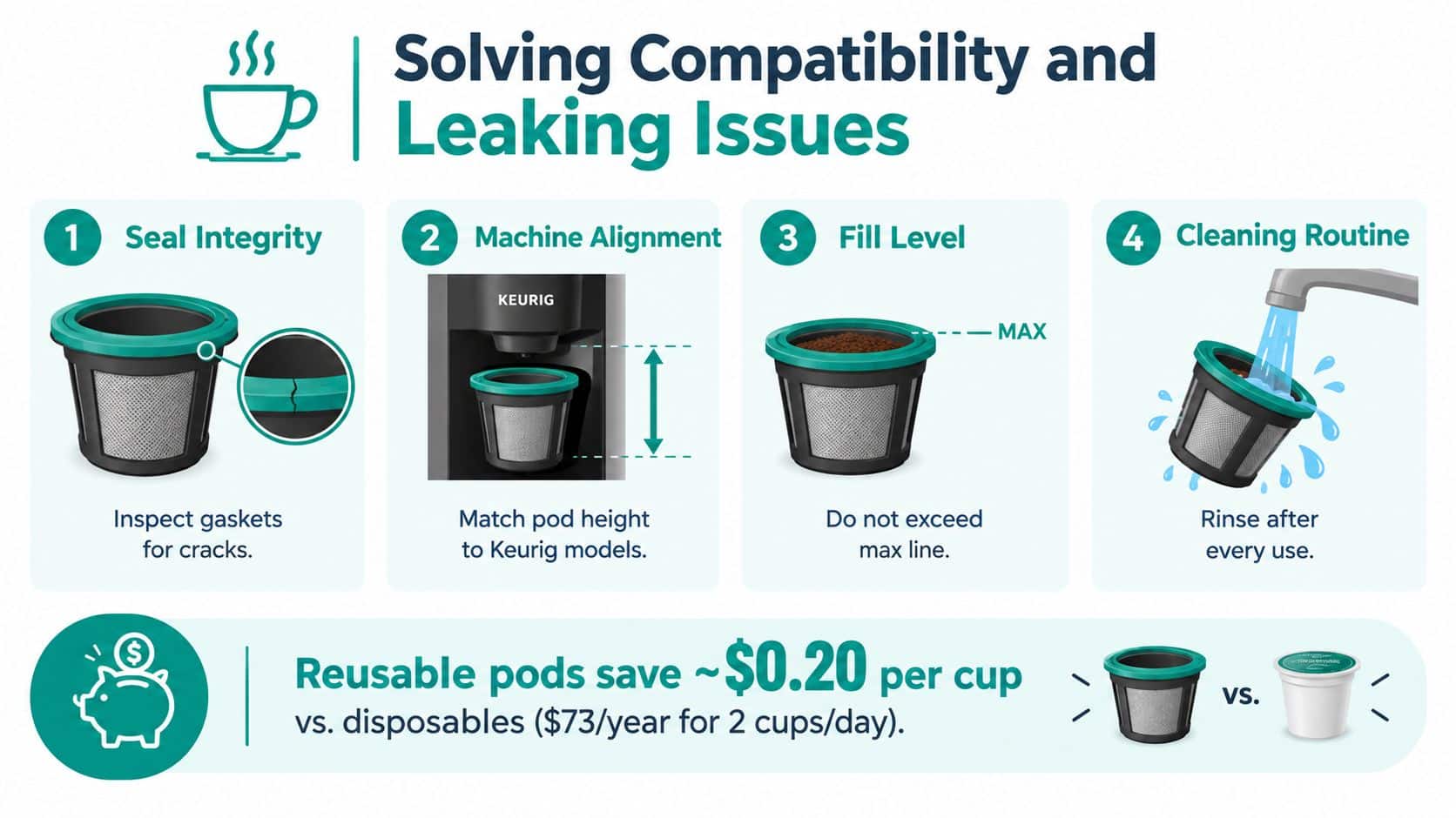 An infographic showing four steps to fix leaking issues with reusable coffee pods and potential savings.