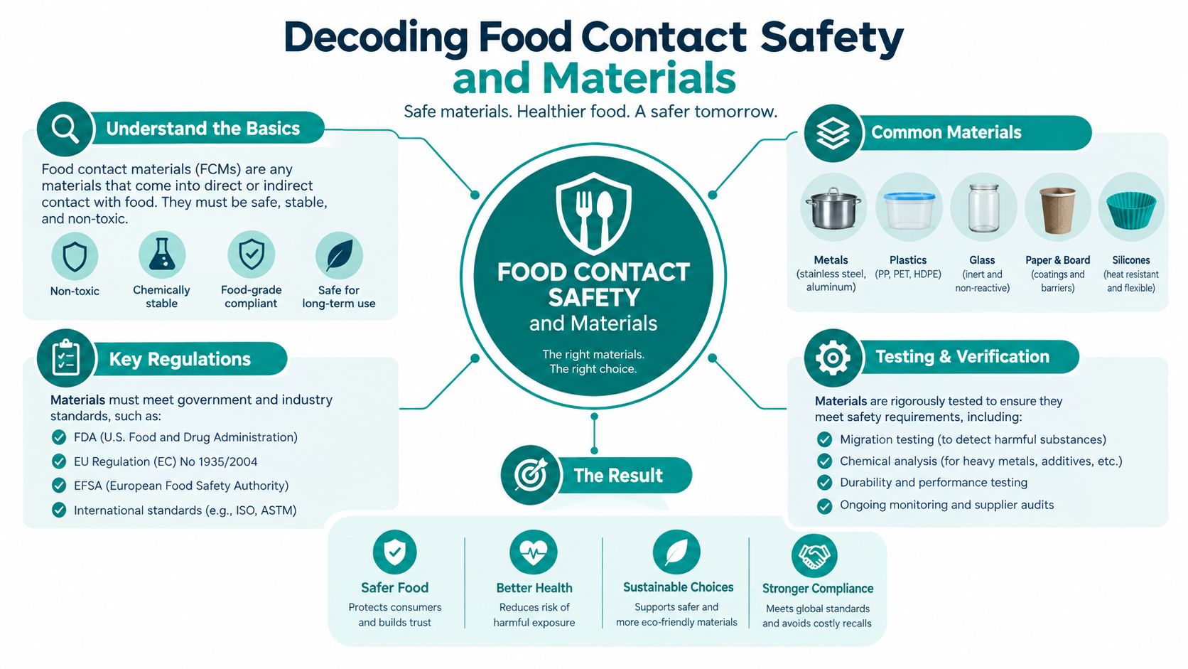 An infographic titled Decoding Food Contact Safety and Materials explaining the basics, regulations, common materials, and testing standards.