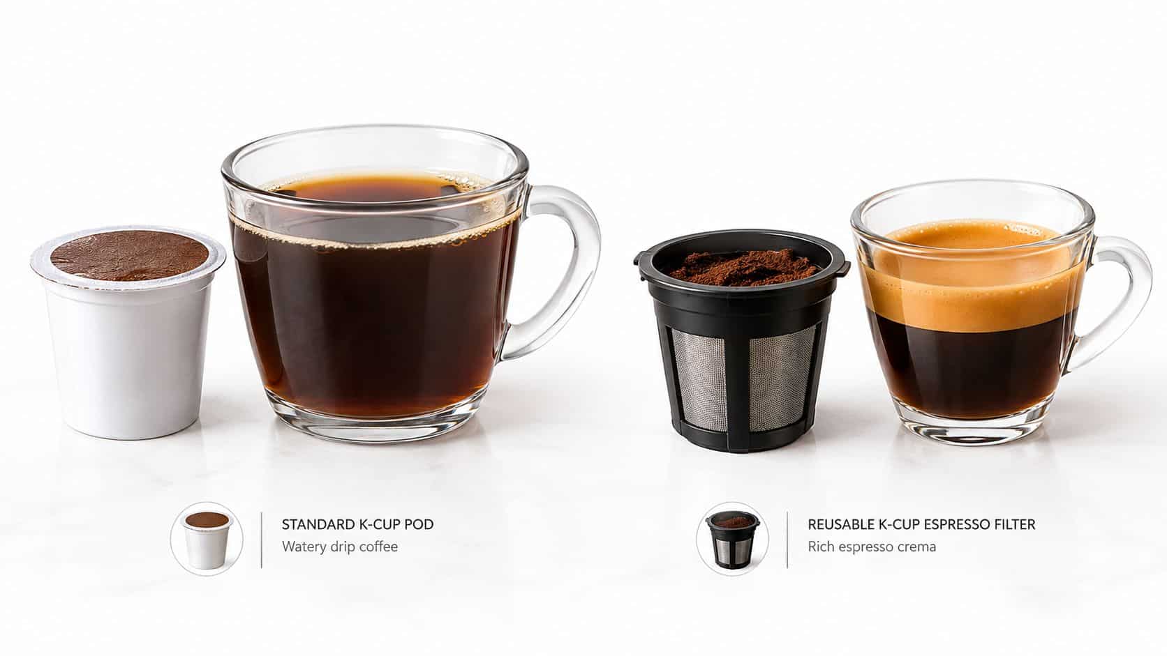 A side-by-side comparison showing a standard K-Cup pod with drip coffee and a reusable espresso filter.