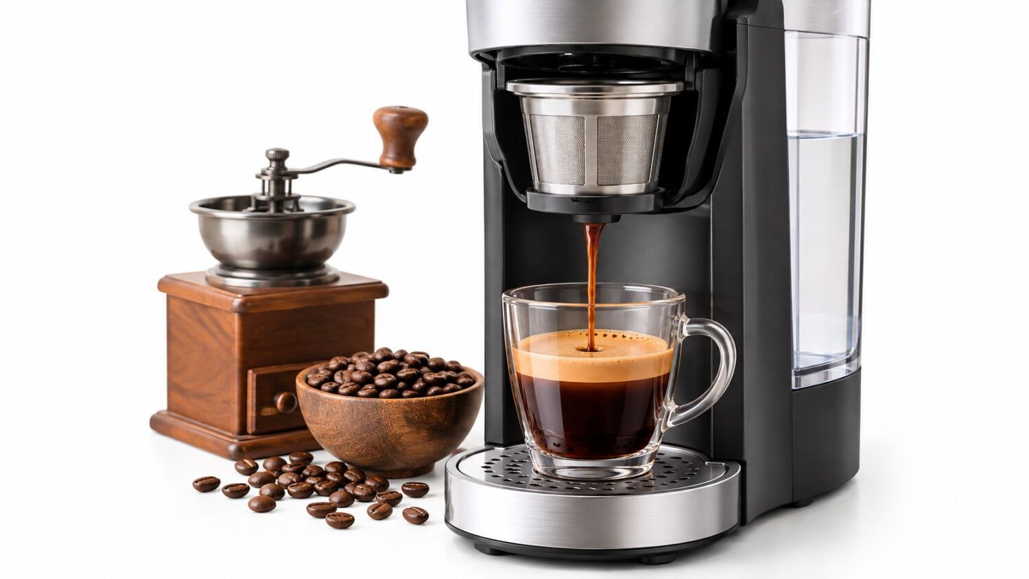Modern coffee maker brewing fresh espresso into a glass mug, with beans and grinder.