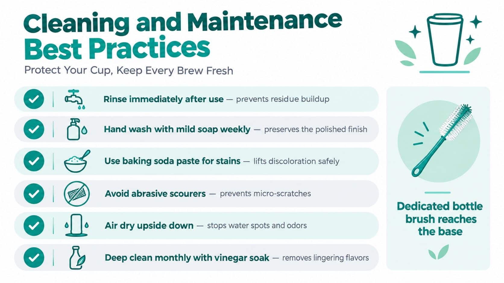 A helpful infographic outlining cleaning and maintenance best practices for reusable stainless steel cups and bottles.