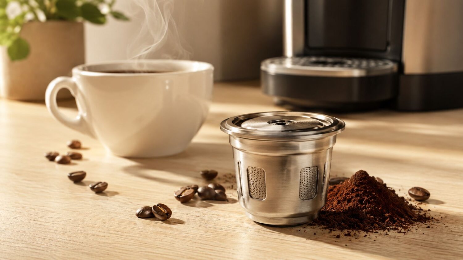 Steaming coffee cup next to reusable coffee pod and coffee grounds