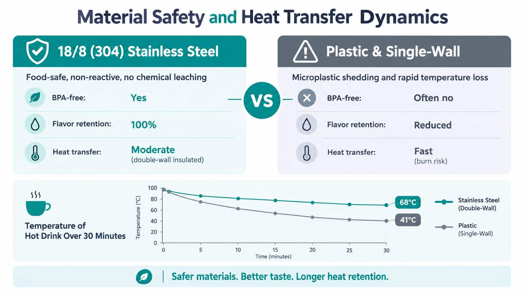 A comparison infographic showing the material safety and heat retention benefits of stainless steel cups versus plastic.