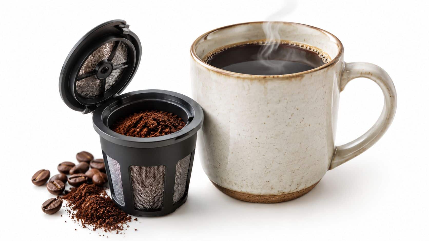 A reusable coffee pod filled with ground coffee beans next to a steaming mug of black coffee.