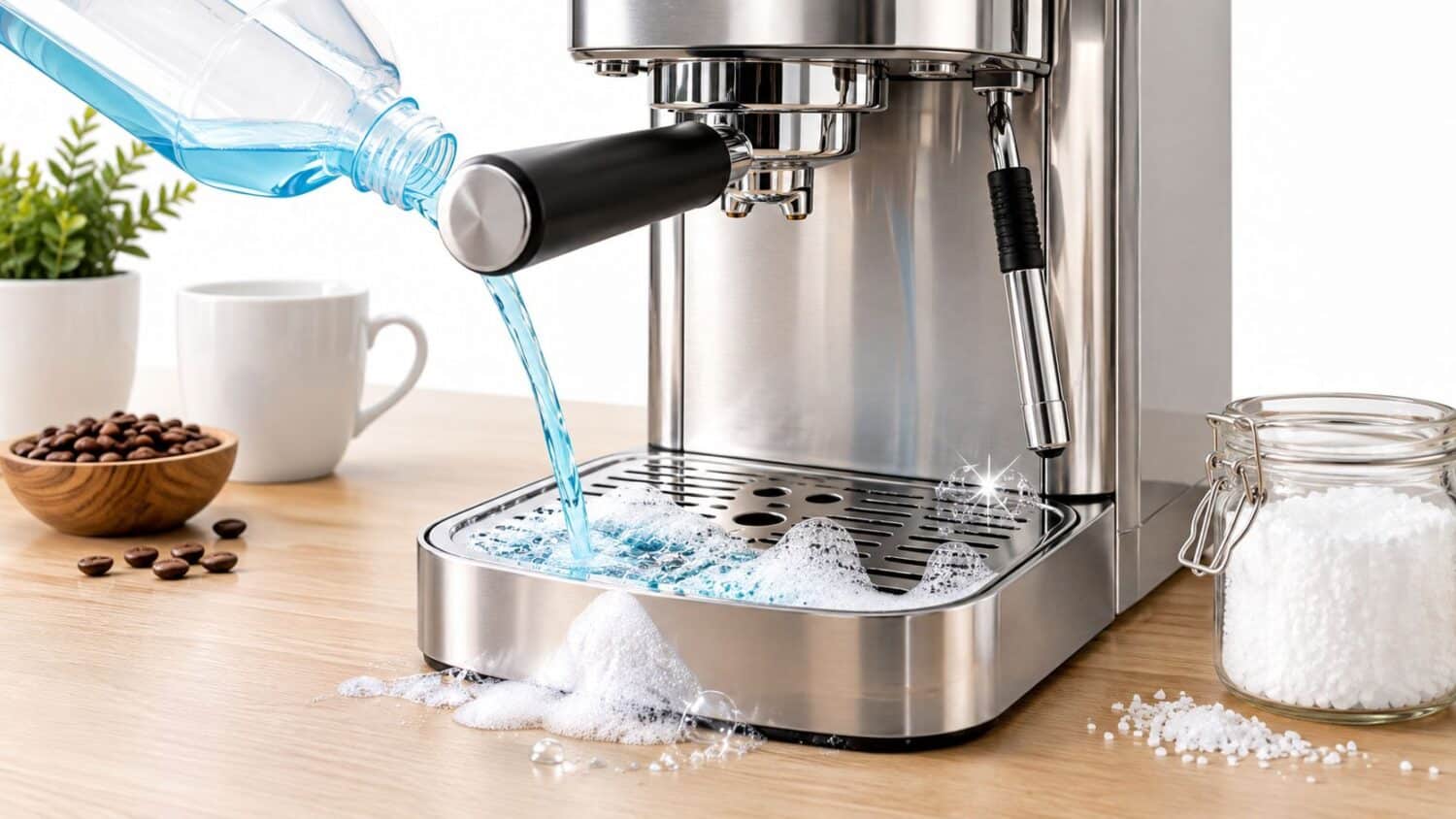 Espresso machine cleaning with blue descaling solution and foam