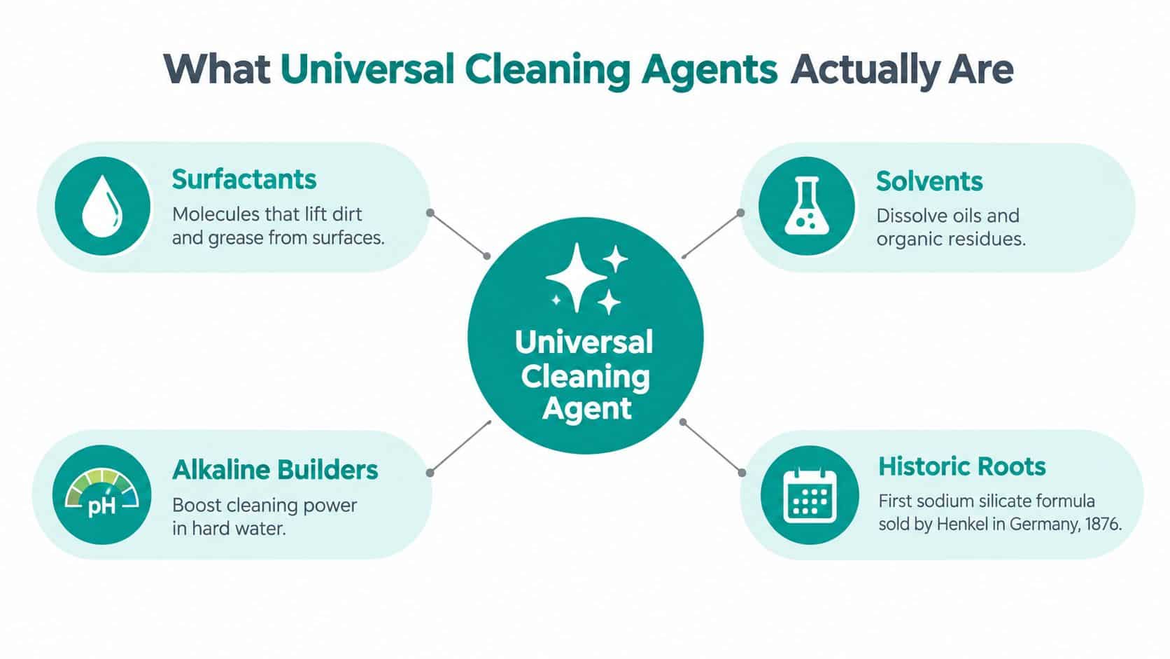 A diagram explaining the components of a universal cleaning agent including surfactants, solvents, builders, and history.