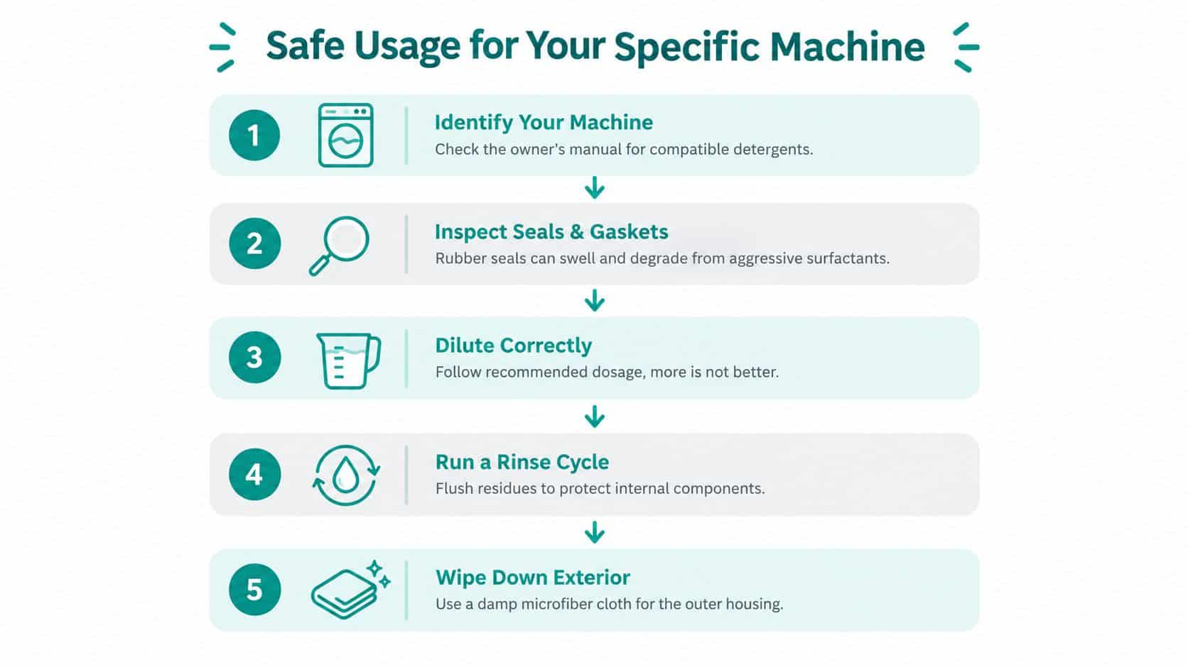 A five-step instructional graphic showing how to safely use cleaning agents in your washing machine.