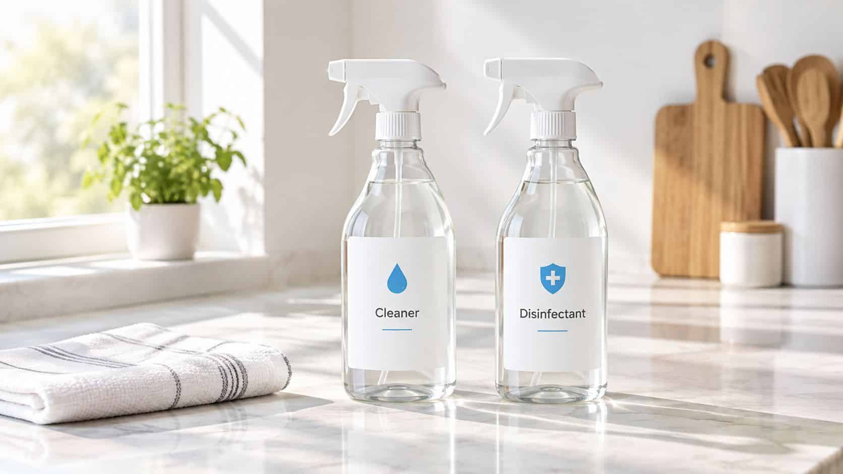 Two clear spray bottles labeled Cleaner and Disinfectant sitting on a clean marble kitchen countertop.