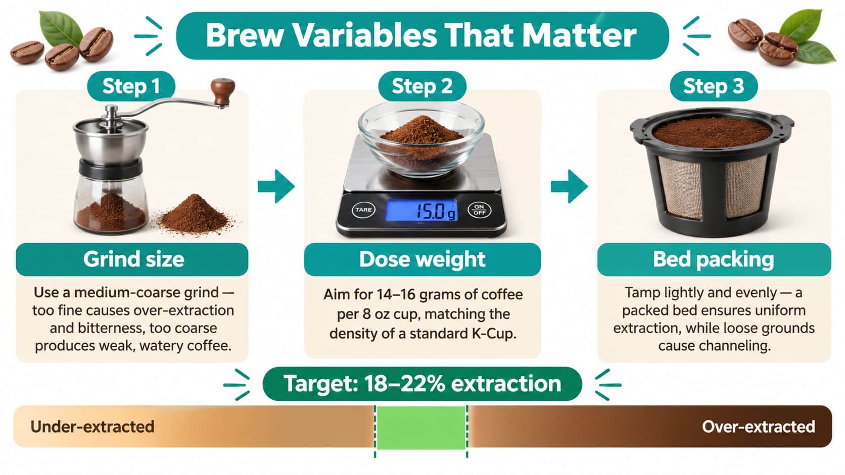 A visual guide explaining three key brewing variables for a reusable coffee filter: grind size, dose weight, and bed packing.