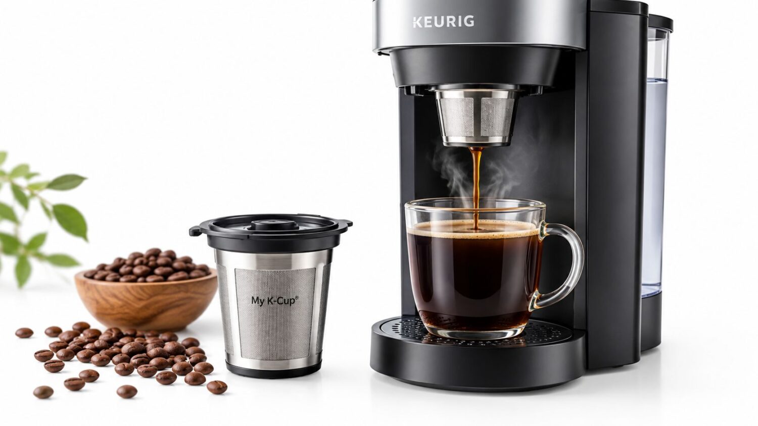 Keurig coffee maker brewing hot coffee into a clear mug with reusable K-Cup filter