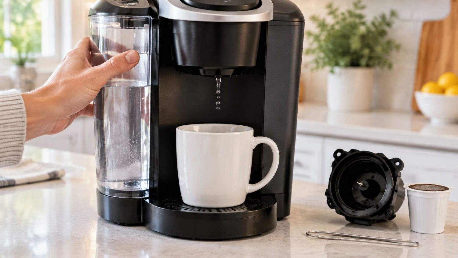 Hand filling Keurig water reservoir next to brewing coffee and K-cup